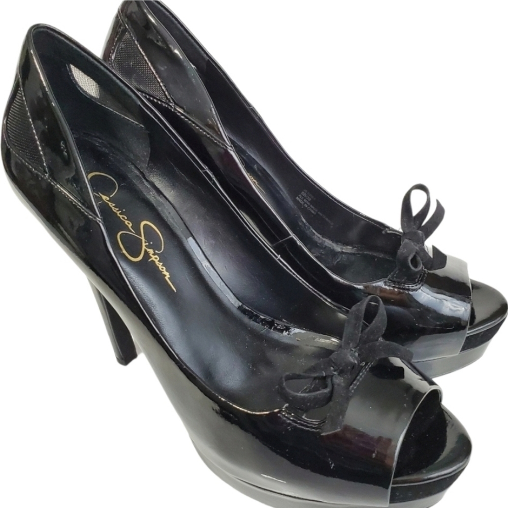 Jessica Simpson  Size 8B Black Patent Leather Shoes peep toe bow *